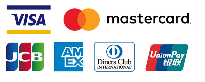 visa、mastercard、JCB、アメリカン・エキスプレス、ダイナーズクラブ、銀聯